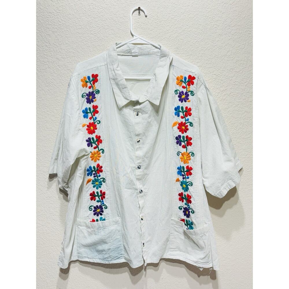 Guayabera Mexican Type Shirt Flowers White Traditional XXL